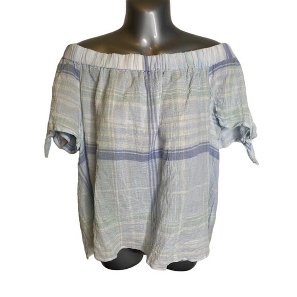 Vince Camuto Womens Top Size Large Plaid Off the Shoulder Sheer Crinkle Gauze - Picture 2 of 5